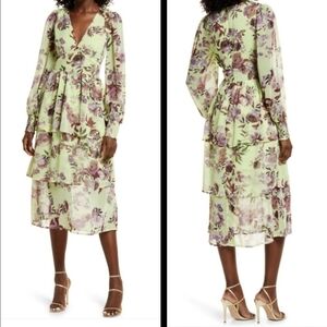 Fourteenth Place Floral V-Neck Tiered Green‎ And Purple Midi Dress Sz S